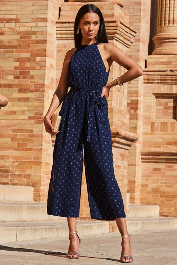 Sosandar Blue Spot Halterneck Jumpsuit