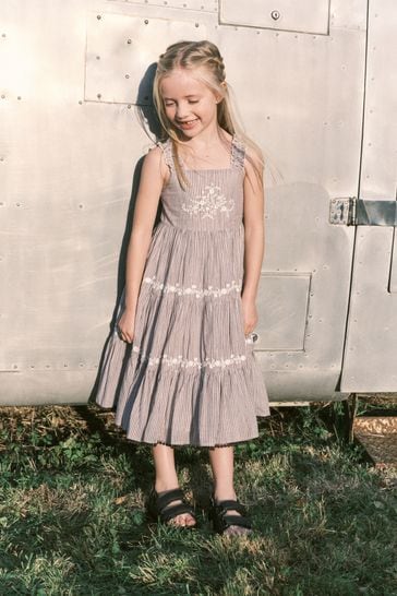 Charcoal Grey Stripe Embroidered Maxi Dress (3-16yrs)