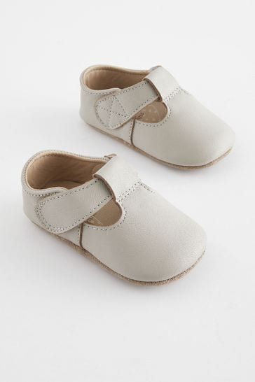 Neutral Stone Leather T-Bar Baby Shoes (0-24mths)