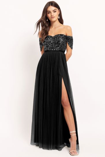 Maya Black Bardot Delicate Sequin Tulle Maxi Dress with Split