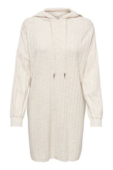 ONLY Cream Ribbed Knitted Hooded Jumper Dress
