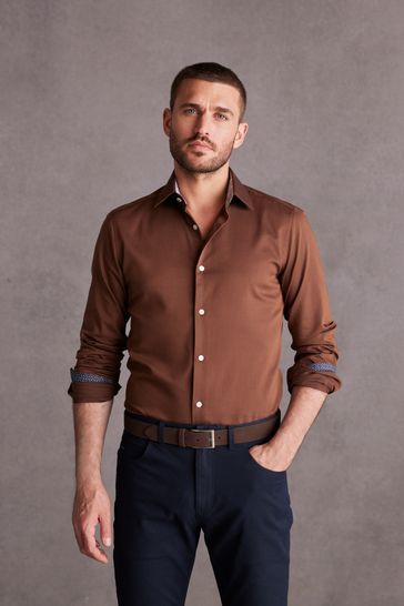 Rust Brown Slim Fit Single Cuff Signature Trimmed Shirt