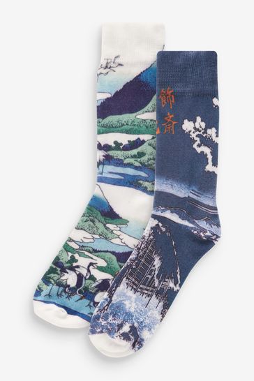 Blue Hokusai 2 Pack Digital Printed Socks
