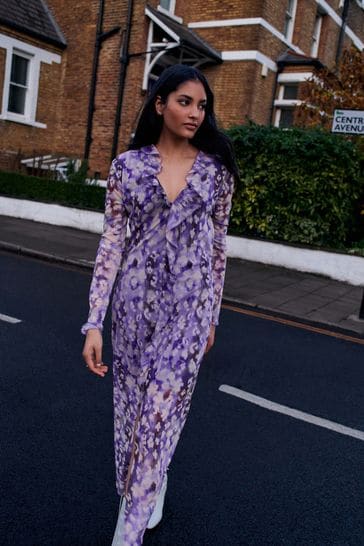 Buy Lilac Purple Long Sleeve Mesh Ruffle Maxi Dress from Next Bahrain