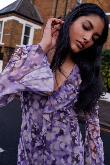 Purple long shop sleeve wrap dress