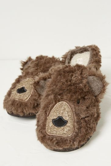 FatFace Brown Grizzly Bear Slippers