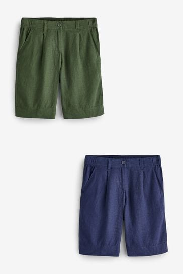 Navy/Khaki Summer Linen Blend Knee Length Shorts 2 Pack
