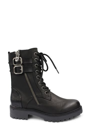 Blowfish Malibu Womens Rissi Combat Buckle Lace Zip Black Boots