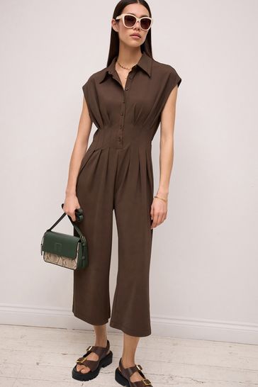 Chocolate Brown Corset Detail Short Sleeve Jumpsuit