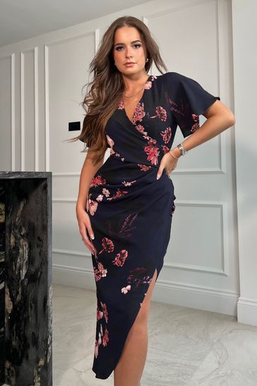 Girl In Mind Navy Floral Natasha Angel Sleeve Wrap Midi Dress
