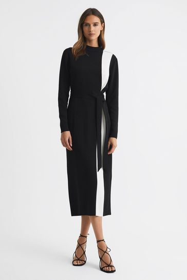 Reiss Black/White Millie Contrast Stripe Belted Midi Dress