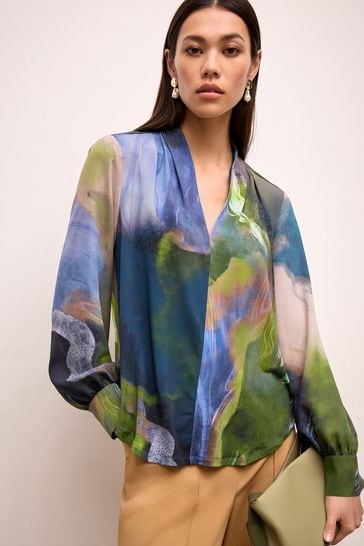 Navy Blue Watercolour Print Printed Floral V Neck Blouse