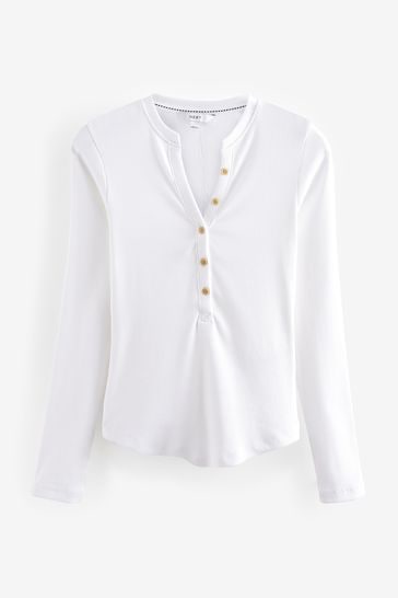 Buy White Ribbed Button Detail Long Sleeve Henley Top from