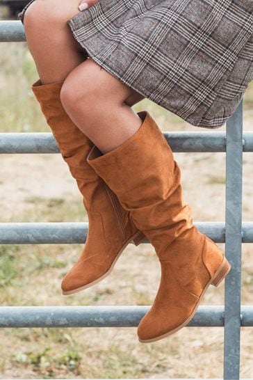 Novo Brown Josslyn Ruched Knee High Flat Boots