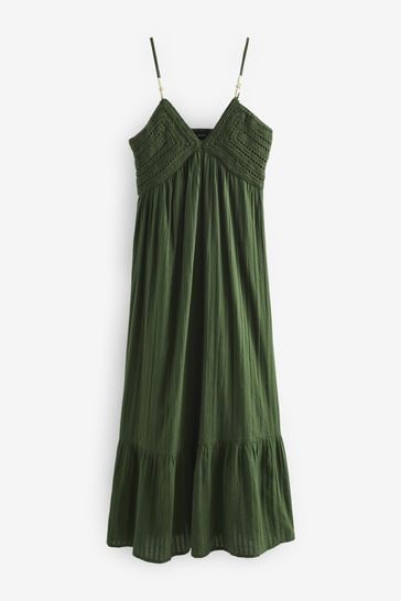 Khaki Green Crochet Maxi Summer Dress