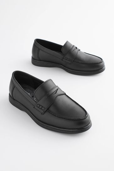 Black Standard Fit (F) School Leather Penny Loafers