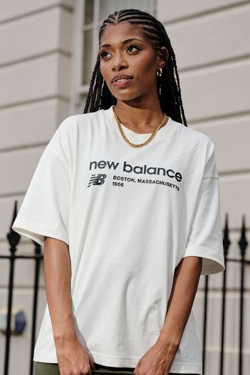 New Balance White Linear Heritage Jersey Oversized T-Shirt