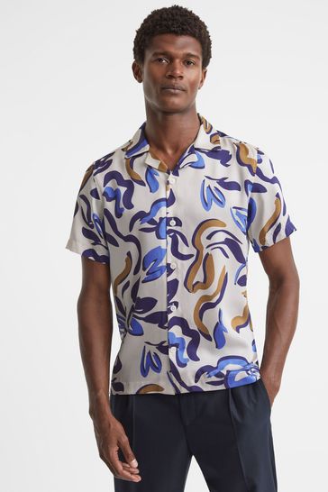 Reiss White Multi Scout Abstract Print Cuban Collar Shirt