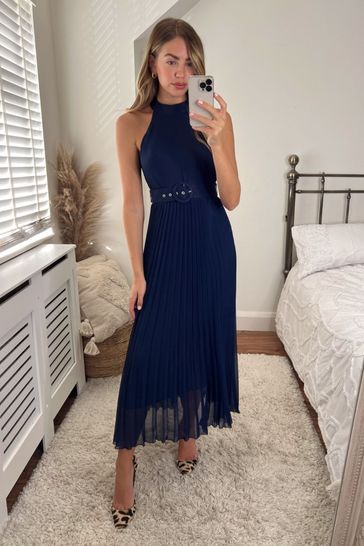 Style Cheat Blue Luisa Halter Pleated Maxi Dress