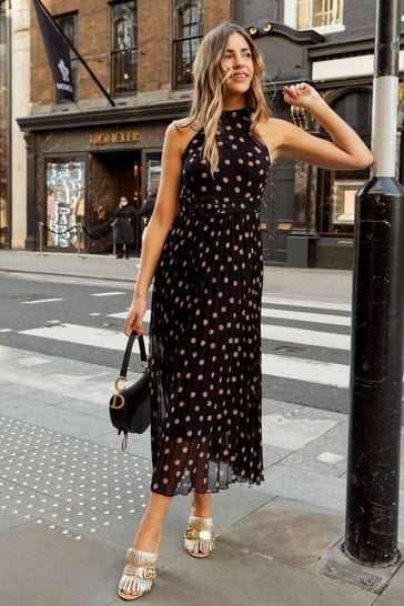 Style Cheat Black Blush Spot Luisa Halter Pleated Maxi Dress