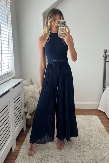Style Cheat Blue Edie Belted Pleated Jumpsuit