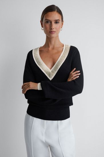 Reiss Black/Cream Courtney Contrast Trim Embellished V-Neck Jumper