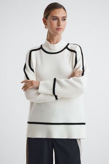 Reiss Ivory/Black Geo Casual Wool Contrast Funnel Neck Jumper