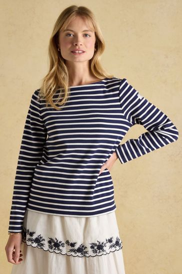 Joules New Harbour Navy Striped Boat Neck Breton Top