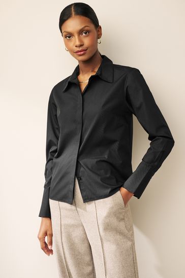 Black Fitted Collared Long Sleeve Shirt