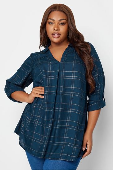 Yours Curve Blue Overhead Check Shirt