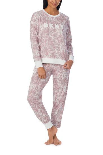 DKNY Pink Fashion Signature Long Sleeve Top and Joggers Pyjamas Set
