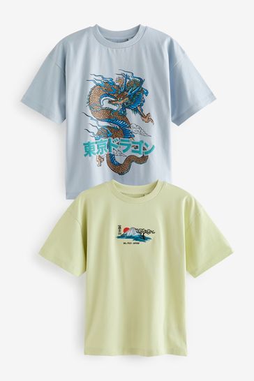 Blue/Green Japanese Graphic Short Sleeve T-Shirts 2 Pack (3-16yrs)