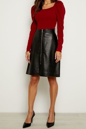 Sosandar Black Leather Zip Front A Line Skirt
