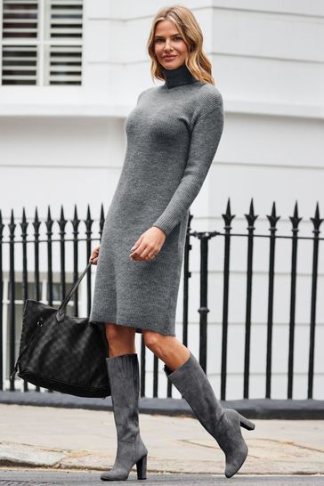 Sosandar Grey Roll Neck Rib Jumper Dress