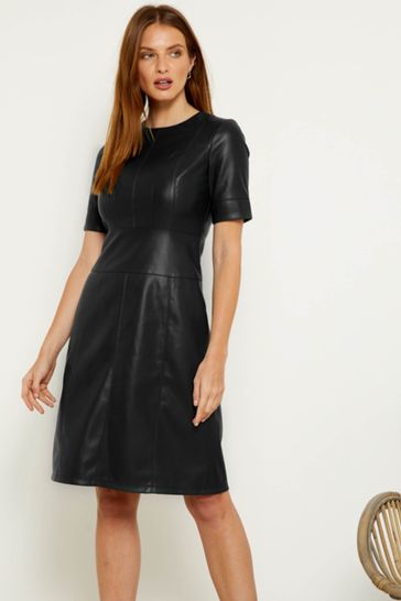 Sosandar Black Leather Look Panelled Shift Dress