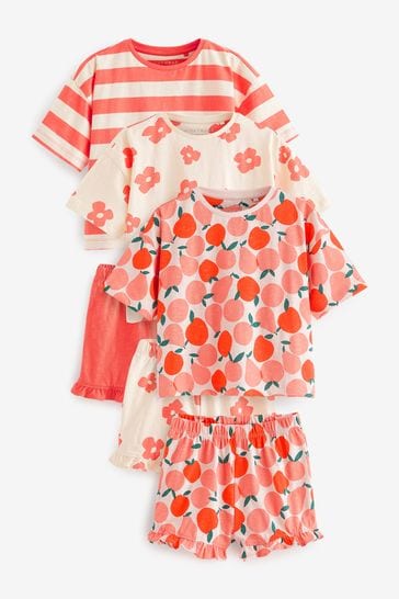 Red/Cream Floral/ Stripe Ruffle Short Sleeve Pyjamas 3 Pack (9mths-16yrs)