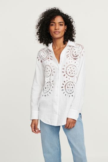 White Long Sleeve Crochet Insert Shirt