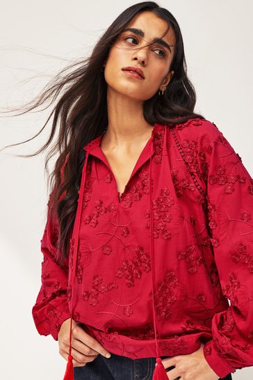 Red Tie Neck Floral Blouse