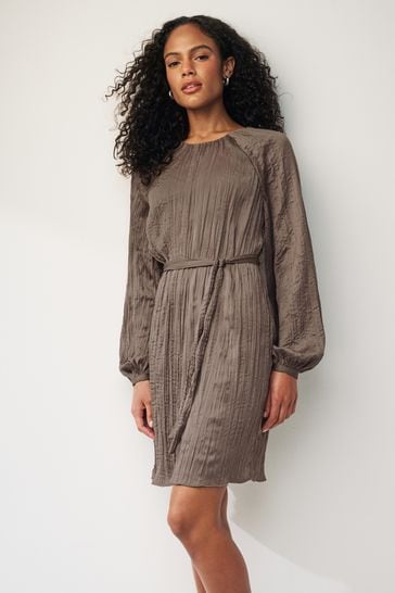 Brown Long Sleeve Crinkle Satin Mini Dress