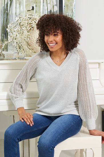 Sosandar Grey Pointelle Sleeve V-Neck Jumper