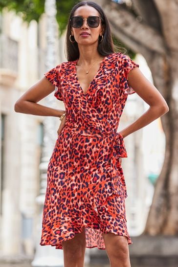 Red animal shop print wrap dress