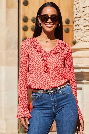 Sosandar Pink Spot Ruffle Sleeve Flute Cuff Blouse