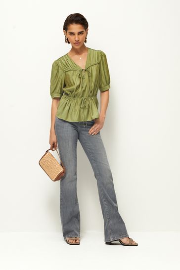 Buy Green Tie Front Tiered Textured Short Sleeve Blouse from Next USA