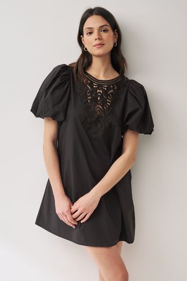 Black 100% Cotton Poplin Puff Sleeve Crochet Insert Mini Dress
