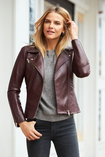 Sosandar Burgundy Red Leather Biker Jacket