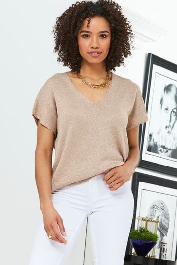 Sosandar Gold Metallic Short Sleeve Knitted Top