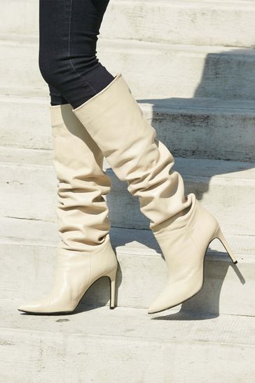 Sosandar Cream White Belle Leather Slouch Stiletto Heel Knee High Boots