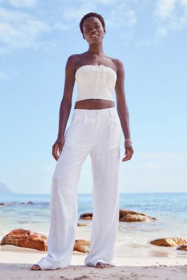 White Linen Blend Wide Leg Trousers