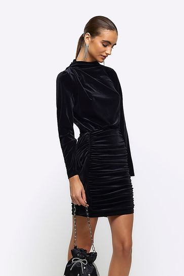 Buy River Island Black Velvet Ruched Jersey Mini Dress from Next