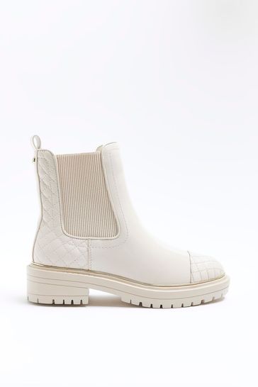 River Island Cream Quilted Chelsea Boots